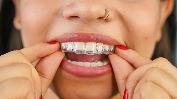 Close-up of a woman inserting a clear aligner onto her teeth, showcasing a dental solution for adults.